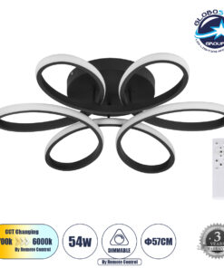 GloboStar® MARGARET 61400 Φωτιστικό Οροφής Design LED CCT 54W 6210lm 360° AC 220-240V – Εναλλαγή Φωτισμού μέσω Τηλεχειριστηρίου All In One Ψυχρό 6000k+Φυσικό 4500k+Θερμό 2700k Dimmable Φ57 x Υ12cm – Μαύρο – 3 Years Warranty