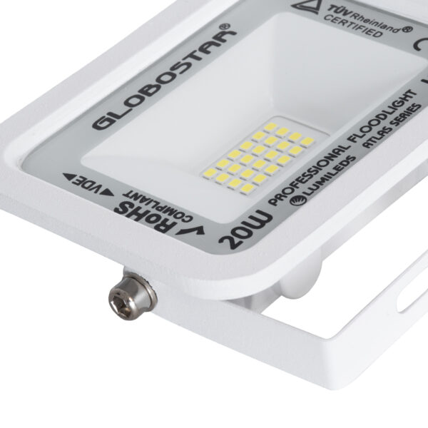 GloboStar® ATLAS 61407 Επαγγελματικός Προβολέας LED 20W 2500lm 120° AC 220-240V – Αδιάβροχος IP67 – Μ12 x Π2.5 x Υ9.5cm – Λευκό – Ψυχρό Λευκό 6000K – LUMILEDS Chips – TÜV Rheinland Certified – 5 Years Warranty