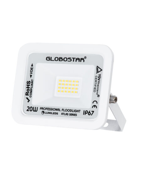 GloboStar® ATLAS 61408 Επαγγελματικός Προβολέας LED 20W 2400lm 120° AC 220-240V – Αδιάβροχος IP67 – Μ12 x Π2.5 x Υ9.5cm – Λευκό – Φυσικό Λευκό 4500K – LUMILEDS Chips – TÜV Rheinland Certified – 5 Years Warranty