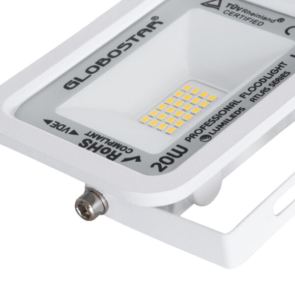 GloboStar® ATLAS 61409 Επαγγελματικός Προβολέας LED 20W 2300lm 120° AC 220-240V – Αδιάβροχος IP67 – Μ12 x Π2.5 x Υ9.5cm – Λευκό – Θερμό Λευκό 2700K – LUMILEDS Chips – TÜV Rheinland Certified – 5 Years Warranty