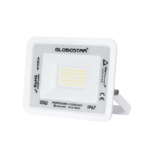 GloboStar® ATLAS 61414 Επαγγελματικός Προβολέας LED 30W 3600lm 120° AC 220-240V - Αδιάβροχος IP67 - Μ16 x Π2.5 x Υ12.5cm - Λευκό - Φυσικό Λευκό 4500K - LUMILEDS Chips - TÜV Rheinland Certified - 5 Years Warranty