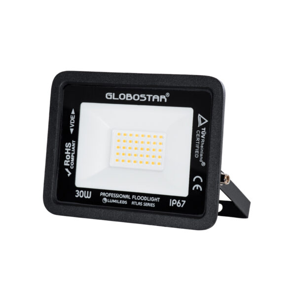 GloboStar® ATLAS 61418 Επαγγελματικός Προβολέας LED 30W 3450lm 120° AC 220-240V - Αδιάβροχος IP67 - Μ16 x Π2.5 x Υ12.5cm - Μαύρο - Θερμό Λευκό 2700K - LUMILEDS Chips - TÜV Rheinland Certified - 5 Years Warranty