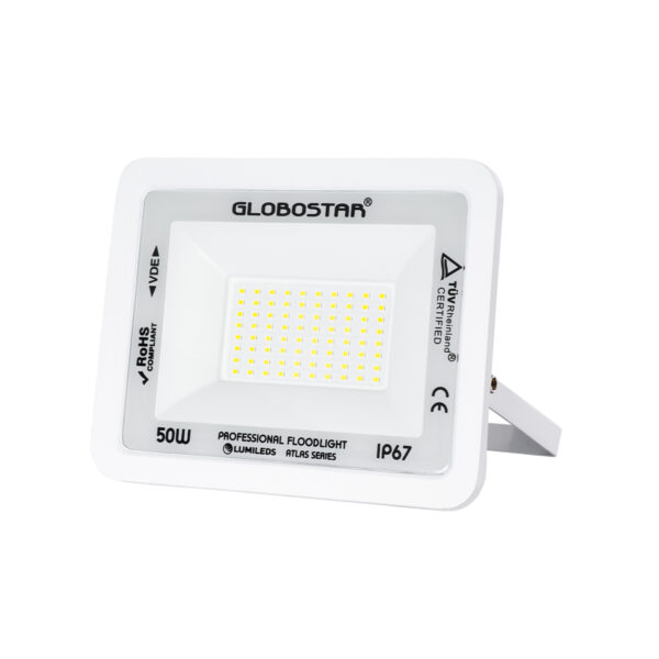 GloboStar® ATLAS 61419 Επαγγελματικός Προβολέας LED 50W 6250lm 120° AC 220-240V - Αδιάβροχος IP67 - Μ21 x Π3.5 x Υ16cm - Λευκό - Ψυχρό Λευκό 6000K - LUMILEDS Chips - TÜV Rheinland Certified - 5 Years Warranty