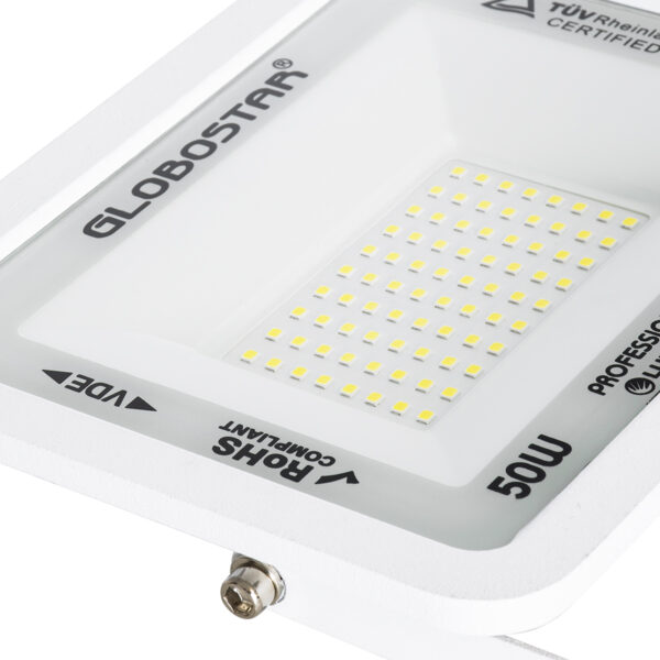 GloboStar® ATLAS 61419 Επαγγελματικός Προβολέας LED 50W 6250lm 120° AC 220-240V – Αδιάβροχος IP67 – Μ21 x Π3.5 x Υ16cm – Λευκό – Ψυχρό Λευκό 6000K – LUMILEDS Chips – TÜV Rheinland Certified – 5 Years Warranty