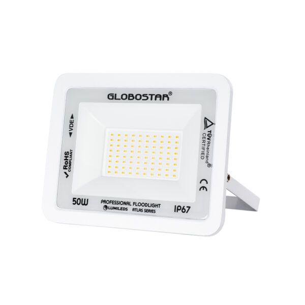 GloboStar® ATLAS 61421 Επαγγελματικός Προβολέας LED 50W 5750lm 120° AC 220-240V - Αδιάβροχος IP67 - Μ21 x Π3.5 x Υ16cm - Λευκό - Θερμό Λευκό 2700K - LUMILEDS Chips - TÜV Rheinland Certified - 5 Years Warranty