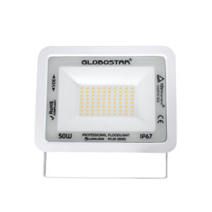 GloboStar® ATLAS 61421 Επαγγελματικός Προβολέας LED 50W 5750lm 120° AC 220-240V – Αδιάβροχος IP67 – Μ21 x Π3.5 x Υ16cm – Λευκό – Θερμό Λευκό 2700K – LUMILEDS Chips – TÜV Rheinland Certified – 5 Years Warranty