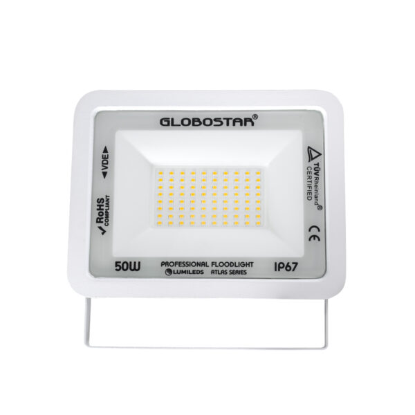 GloboStar® ATLAS 61421 Επαγγελματικός Προβολέας LED 50W 5750lm 120° AC 220-240V – Αδιάβροχος IP67 – Μ21 x Π3.5 x Υ16cm – Λευκό – Θερμό Λευκό 2700K – LUMILEDS Chips – TÜV Rheinland Certified – 5 Years Warranty