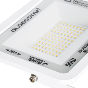 GloboStar® ATLAS 61421 Επαγγελματικός Προβολέας LED 50W 5750lm 120° AC 220-240V – Αδιάβροχος IP67 – Μ21 x Π3.5 x Υ16cm – Λευκό – Θερμό Λευκό 2700K – LUMILEDS Chips – TÜV Rheinland Certified – 5 Years Warranty