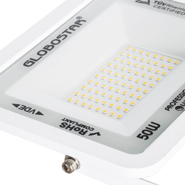 GloboStar® ATLAS 61421 Επαγγελματικός Προβολέας LED 50W 5750lm 120° AC 220-240V – Αδιάβροχος IP67 – Μ21 x Π3.5 x Υ16cm – Λευκό – Θερμό Λευκό 2700K – LUMILEDS Chips – TÜV Rheinland Certified – 5 Years Warranty