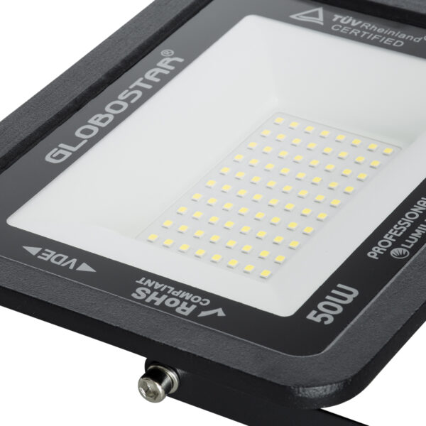 GloboStar® ATLAS 61422 Επαγγελματικός Προβολέας LED 50W 6250lm 120° AC 220-240V – Αδιάβροχος IP67 – Μ21 x Π3.5 x Υ16cm – Μαύρο – Ψυχρό Λευκό 6000K – LUMILEDS Chips – TÜV Rheinland Certified – 5 Years Warranty