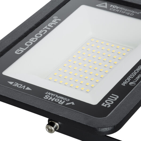 GloboStar® ATLAS 61423 Επαγγελματικός Προβολέας LED 50W 6000lm 120° AC 220-240V – Αδιάβροχος IP67 – Μ21 x Π3.5 x Υ16cm – Μαύρο – Φυσικό Λευκό 4500K – LUMILEDS Chips – TÜV Rheinland Certified – 5 Years Warranty