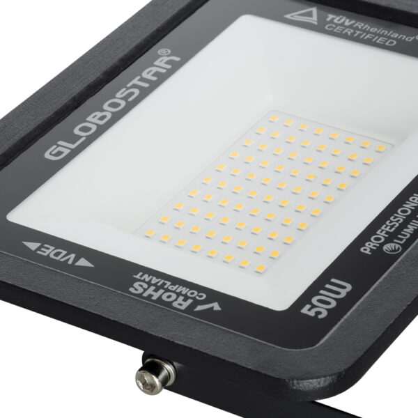 GloboStar® ATLAS 61424 Επαγγελματικός Προβολέας LED 50W 5750lm 120° AC 220-240V – Αδιάβροχος IP67 – Μ21 x Π3.5 x Υ16cm – Μαύρο – Θερμό Λευκό 2700K – LUMILEDS Chips – TÜV Rheinland Certified – 5 Years Warranty