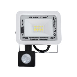 GloboStar® AURORA 61438 Επαγγελματικός Προβολέας LED 20W 2500lm 120° AC 220-240V με Ενσωματωμένο Ρυθμιζόμενο Αισθητήρα Κίνησης PIR – Αδιάβροχος IP67 – Μ12 x Π5 x Υ14.5cm – Λευκό – Ψυχρό Λευκό 6000K – LUMILEDS Chips – TÜV Rheinland Certified – 3 Years Warranty