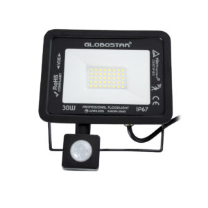GloboStar® AURORA 61439 Επαγγελματικός Προβολέας LED 30W 3750lm 120° AC 220-240V με Ενσωματωμένο Ρυθμιζόμενο Αισθητήρα Κίνησης PIR – Αδιάβροχος IP67 – Μ16 x Π5 x Υ17.5cm – Μαύρο – Ψυχρό Λευκό 6000K – LUMILEDS Chips – TÜV Rheinland Certified – 3 Years Warranty