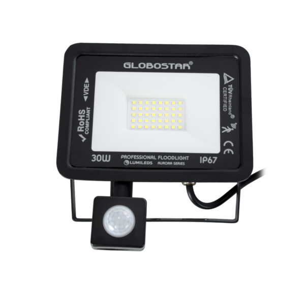 GloboStar® AURORA 61439 Επαγγελματικός Προβολέας LED 30W 3750lm 120° AC 220-240V με Ενσωματωμένο Ρυθμιζόμενο Αισθητήρα Κίνησης PIR – Αδιάβροχος IP67 – Μ16 x Π5 x Υ17.5cm – Μαύρο – Ψυχρό Λευκό 6000K – LUMILEDS Chips – TÜV Rheinland Certified – 3 Years Warranty