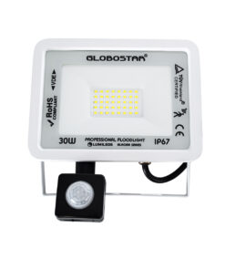 GloboStar® AURORA 61440 Επαγγελματικός Προβολέας LED 30W 3750lm 120° AC 220-240V με Ενσωματωμένο Ρυθμιζόμενο Αισθητήρα Κίνησης PIR – Αδιάβροχος IP67 – Μ16 x Π5 x Υ17.5cm – Λευκό – Ψυχρό Λευκό 6000K – LUMILEDS Chips – TÜV Rheinland Certified – 3 Years Warranty