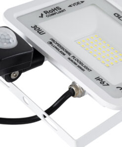 GloboStar® AURORA 61440 Επαγγελματικός Προβολέας LED 30W 3750lm 120° AC 220-240V με Ενσωματωμένο Ρυθμιζόμενο Αισθητήρα Κίνησης PIR – Αδιάβροχος IP67 – Μ16 x Π5 x Υ17.5cm – Λευκό – Ψυχρό Λευκό 6000K – LUMILEDS Chips – TÜV Rheinland Certified – 3 Years Warranty