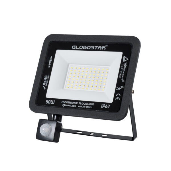 GloboStar® AURORA 61441 Επαγγελματικός Προβολέας LED 50W 6250lm 120° AC 220-240V με Ενσωματωμένο Ρυθμιζόμενο Αισθητήρα Κίνησης PIR - Αδιάβροχος IP67 - Μ21 x Π5 x Υ21cm - Μαύρο - Ψυχρό Λευκό 6000K - LUMILEDS Chips - TÜV Rheinland Certified - 3 Years Warranty