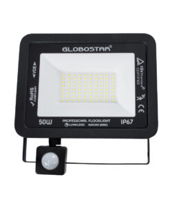 GloboStar® AURORA 61441 Επαγγελματικός Προβολέας LED 50W 6250lm 120° AC 220-240V με Ενσωματωμένο Ρυθμιζόμενο Αισθητήρα Κίνησης PIR – Αδιάβροχος IP67 – Μ21 x Π5 x Υ21cm – Μαύρο – Ψυχρό Λευκό 6000K – LUMILEDS Chips – TÜV Rheinland Certified – 3 Years Warranty