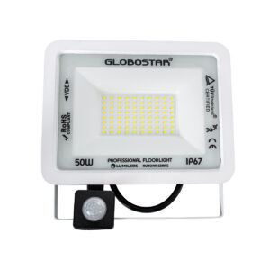 GloboStar® AURORA 61442 Επαγγελματικός Προβολέας LED 50W 6250lm 120° AC 220-240V με Ενσωματωμένο Ρυθμιζόμενο Αισθητήρα Κίνησης PIR – Αδιάβροχος IP67 – Μ21 x Π5 x Υ21cm – Λευκό – Ψυχρό Λευκό 6000K – LUMILEDS Chips – TÜV Rheinland Certified – 3 Years Warranty