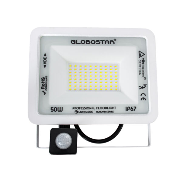 GloboStar® AURORA 61442 Επαγγελματικός Προβολέας LED 50W 6250lm 120° AC 220-240V με Ενσωματωμένο Ρυθμιζόμενο Αισθητήρα Κίνησης PIR – Αδιάβροχος IP67 – Μ21 x Π5 x Υ21cm – Λευκό – Ψυχρό Λευκό 6000K – LUMILEDS Chips – TÜV Rheinland Certified – 3 Years Warranty