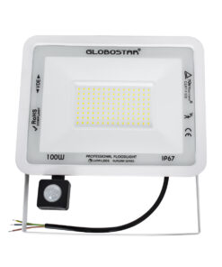 GloboStar® AURORA 61444 Επαγγελματικός Προβολέας LED 100W 12500lm 120° AC 220-240V με Ενσωματωμένο Ρυθμιζόμενο Αισθητήρα Κίνησης PIR – Αδιάβροχος IP67 – Μ25 x Π6.5 x Υ27.5cm – Λευκό – Ψυχρό Λευκό 6000K – LUMILEDS Chips – TÜV Rheinland Certified – 3 Years Warranty