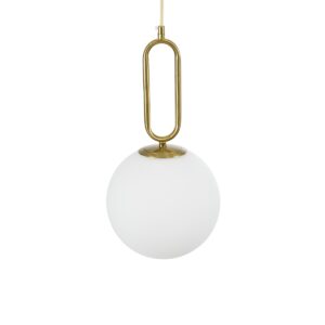 GloboStar® BELLISSIMO 61486 Μοντέρνο Κρεμαστό Φωτιστικό Οροφής Μονόφωτο 1 x E27 Γαλακτερή Γυάλινη Μπάλα με Μεταλλικό Επιχρυσωμενό Πλατίνα Σώμα Φ20 x Υ42cm