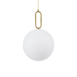 GloboStar® BELLISSIMO 61487 Μοντέρνο Κρεμαστό Φωτιστικό Οροφής Μονόφωτο 1 x E27 Γαλακτερή Γυάλινη Μπάλα με Μεταλλικό Επιχρυσωμενό Πλατίνα Σώμα Φ30 x Υ52cm
