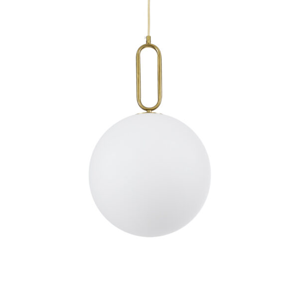 GloboStar® BELLISSIMO 61487 Μοντέρνο Κρεμαστό Φωτιστικό Οροφής Μονόφωτο 1 x E27 Γαλακτερή Γυάλινη Μπάλα με Μεταλλικό Επιχρυσωμενό Πλατίνα Σώμα Φ30 x Υ52cm