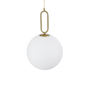 GloboStar® BELLISSIMO 61487 Μοντέρνο Κρεμαστό Φωτιστικό Οροφής Μονόφωτο 1 x E27 Γαλακτερή Γυάλινη Μπάλα με Μεταλλικό Επιχρυσωμενό Πλατίνα Σώμα Φ30 x Υ52cm