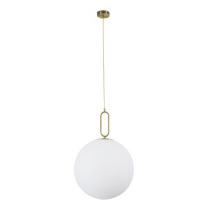 GloboStar® BELLISSIMO 61488 Μοντέρνο Κρεμαστό Φωτιστικό Οροφής Μονόφωτο 1 x E27 Γαλακτερή Γυάλινη Μπάλα με Μεταλλικό Επιχρυσωμενό Πλατίνα Σώμα Φ40 x Υ62cm