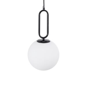 GloboStar® BELLISSIMO 61489 Μοντέρνο Κρεμαστό Φωτιστικό Οροφής Μονόφωτο 1 x E27 Γαλακτερή Γυάλινη Μπάλα με Μεταλλικό Μαύρο Ματ Σώμα Φ20 x Υ42cm