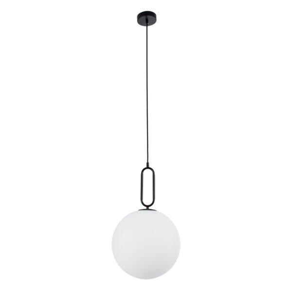GloboStar® BELLISSIMO 61490 Μοντέρνο Κρεμαστό Φωτιστικό Οροφής Μονόφωτο 1 x E27 Γαλακτερή Γυάλινη Μπάλα με Μεταλλικό Μαύρο Ματ Σώμα Φ30 x Υ52cm