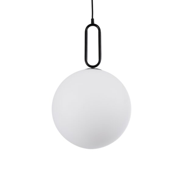 GloboStar® BELLISSIMO 61490 Μοντέρνο Κρεμαστό Φωτιστικό Οροφής Μονόφωτο 1 x E27 Γαλακτερή Γυάλινη Μπάλα με Μεταλλικό Μαύρο Ματ Σώμα Φ30 x Υ52cm