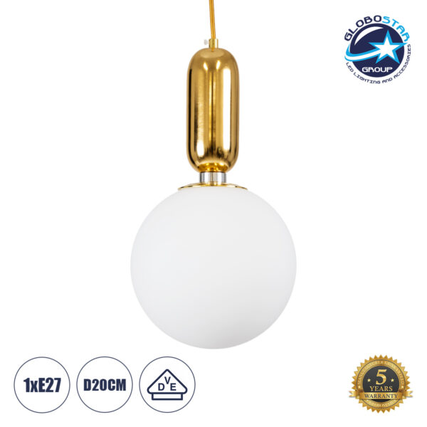 GloboStar® ESTETICO 61492 Μοντέρνο Κρεμαστό Φωτιστικό Οροφής Μονόφωτο 1 x E27 Γαλακτερή Γυάλινη Μπάλα με Μεταλλικό Επιχρυσωμενό Πλατίνα Σώμα Φ20 x Υ38cm