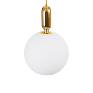 GloboStar® ESTETICO 61493 Μοντέρνο Κρεμαστό Φωτιστικό Οροφής Μονόφωτο 1 x E27 Γαλακτερή Γυάλινη Μπάλα με Μεταλλικό Επιχρυσωμενό Πλατίνα Σώμα Φ30 x Υ48cm