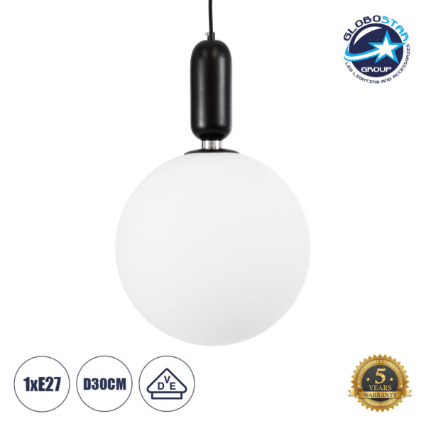 GloboStar® ESTETICO 61496 Μοντέρνο Κρεμαστό Φωτιστικό Οροφής Μονόφωτο 1 x E27 Γαλακτερή Γυάλινη Μπάλα με Μεταλλικό Μαύρο Ματ Σώμα Φ30 x Υ48cm