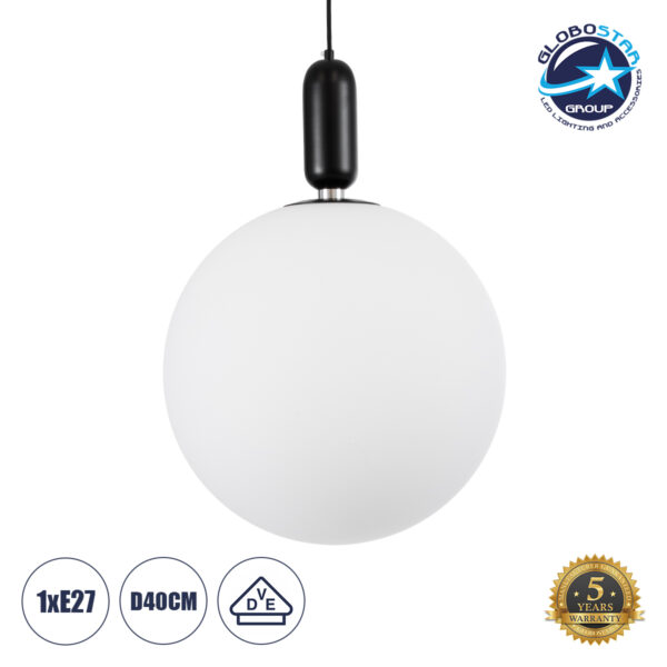 GloboStar® ESTETICO 61497 Μοντέρνο Κρεμαστό Φωτιστικό Οροφής Μονόφωτο 1 x E27 Γαλακτερή Γυάλινη Μπάλα με Μεταλλικό Μαύρο Ματ Σώμα Φ40 x Υ58cm