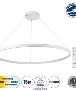 GloboStar® DIAMOND 61518 Κρεμαστό Φωτιστικό Δαχτυλίδι-Κύκλος LED CCT 75W 8400lm 360° AC 220-240V – Εναλλαγή Φωτισμού μέσω Τηλεχειριστηρίου All In One Ψυχρό 6000k+Φυσικό 4500k+Θερμό 2700k Dimmable Φ100cm – Λευκό – 3 Years Warranty
