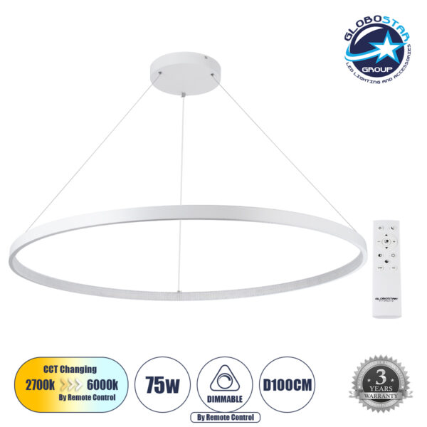 GloboStar® DIAMOND 61518 Κρεμαστό Φωτιστικό Δαχτυλίδι-Κύκλος LED CCT 75W 8400lm 360° AC 220-240V - Εναλλαγή Φωτισμού μέσω Τηλεχειριστηρίου All In One Ψυχρό 6000k+Φυσικό 4500k+Θερμό 2700k Dimmable Φ100cm - Λευκό - 3 Years Warranty