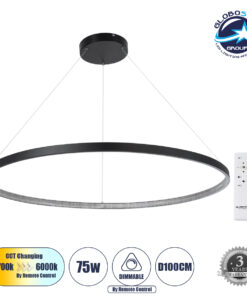 GloboStar® DIAMOND 61519 Κρεμαστό Φωτιστικό Δαχτυλίδι-Κύκλος LED CCT 75W 8400lm 360° AC 220-240V – Εναλλαγή Φωτισμού μέσω Τηλεχειριστηρίου All In One Ψυχρό 6000k+Φυσικό 4500k+Θερμό 2700k Dimmable Φ100cm – Μαύρο – 3 Years Warranty