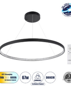GloboStar® DIAMOND 61520 Κρεμαστό Φωτιστικό Δαχτυλίδι-Κύκλος LED CCT 67W 7504lm 360° AC 220-240V – Εναλλαγή Φωτισμού μέσω Τηλεχειριστηρίου All In One Ψυχρό 6000k+Φυσικό 4500k+Θερμό 2700k Dimmable Φ80cm – Μαύρο – 3 Years Warranty