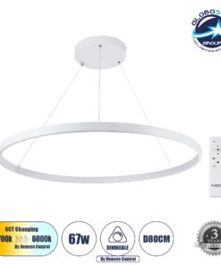 GloboStar® DIAMOND 61521 Κρεμαστό Φωτιστικό Δαχτυλίδι-Κύκλος LED CCT 67W 7504lm 360° AC 220-240V – Εναλλαγή Φωτισμού μέσω Τηλεχειριστηρίου All In One Ψυχρό 6000k+Φυσικό 4500k+Θερμό 2700k Dimmable Φ80cm – Λευκό – 3 Years Warranty