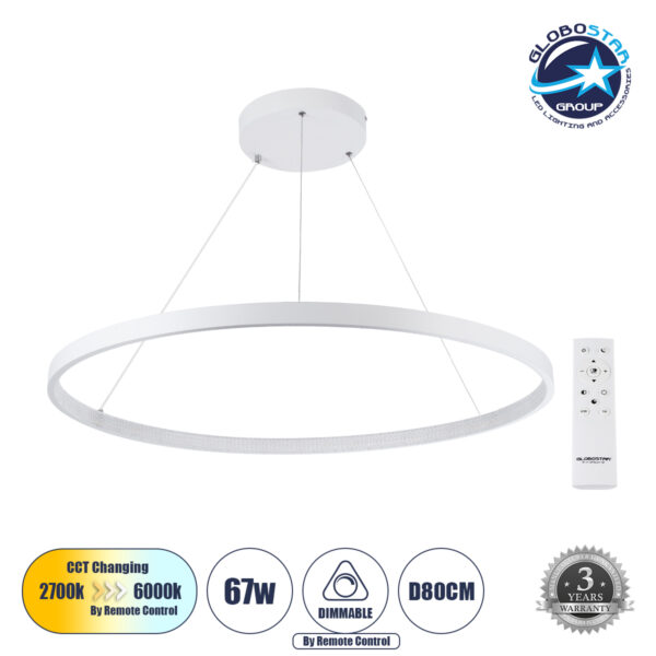 GloboStar® DIAMOND 61521 Κρεμαστό Φωτιστικό Δαχτυλίδι-Κύκλος LED CCT 67W 7504lm 360° AC 220-240V - Εναλλαγή Φωτισμού μέσω Τηλεχειριστηρίου All In One Ψυχρό 6000k+Φυσικό 4500k+Θερμό 2700k Dimmable Φ80cm - Λευκό - 3 Years Warranty