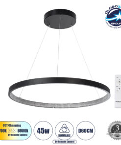 GloboStar® DIAMOND 61522 Κρεμαστό Φωτιστικό Δαχτυλίδι-Κύκλος LED CCT 45W 5040lm 360° AC 220-240V – Εναλλαγή Φωτισμού μέσω Τηλεχειριστηρίου All In One Ψυχρό 6000k+Φυσικό 4500k+Θερμό 2700k Dimmable Φ60cm – Μαύρο – 3 Years Warranty