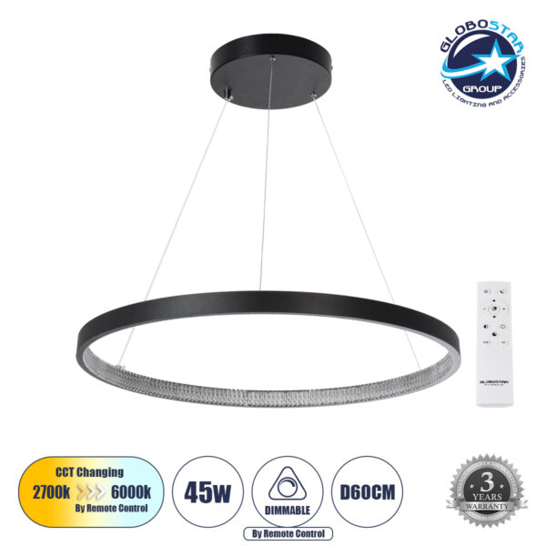 GloboStar® DIAMOND 61522 Κρεμαστό Φωτιστικό Δαχτυλίδι-Κύκλος LED CCT 45W 5040lm 360° AC 220-240V - Εναλλαγή Φωτισμού μέσω Τηλεχειριστηρίου All In One Ψυχρό 6000k+Φυσικό 4500k+Θερμό 2700k Dimmable Φ60cm - Μαύρο - 3 Years Warranty