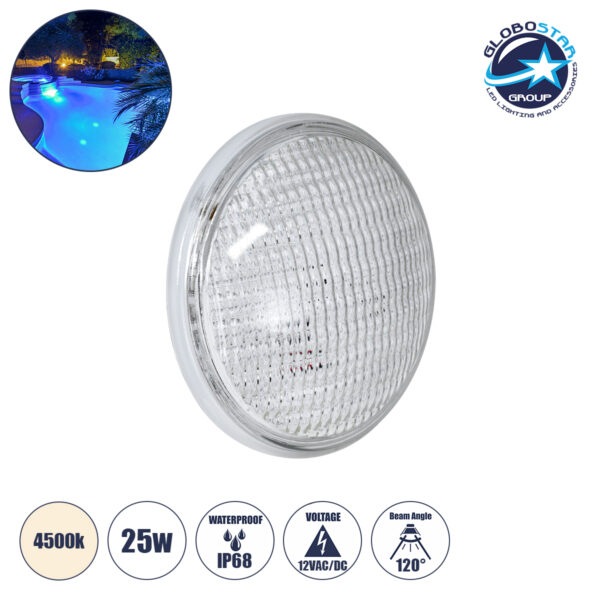 GloboStar® POOLANO 61534 Λάμπα LED Σποτ Πισίνας GX16D PAR56 25W 2000lm 120° AC/DC 12V Αδιάβροχο IP68 IK06 Tempered Glass Φ18 x Υ10cm Φυσικό Λευκό 4500K - Bridgelux Chip - 3 Years Warranty