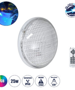 GloboStar® POOLANO 61537 Λάμπα LED Σποτ Πισίνας GX16D PAR56 25W 1750lm 120° AC 12V Αδιάβροχο IP68 IK06 Tempered Glass Φ18 x Υ10cm RGB με Ασύρματο Χειριστήριο RF 2.4Ghz Εμβέλειας 60 Μέτρων – Bridgelux Chip – 3 Years Warranty