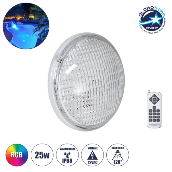 GloboStar® POOLANO 61537 Λάμπα LED Σποτ Πισίνας GX16D PAR56 25W 1750lm 120° AC 12V Αδιάβροχο IP68 IK06 Tempered Glass Φ18 x Υ10cm RGB με Ασύρματο Χειριστήριο RF 2.4Ghz Εμβέλειας 60 Μέτρων - Bridgelux Chip - 3 Years Warranty