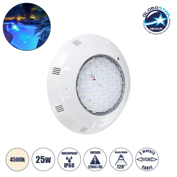 GloboStar® POOLΕΤΙ 61539 PRO Φωτιστικό Πισίνας LED 25W 2000lm 120° AC/DC 12V Αδιάβροχο IP68 IK06 Tempered Glass Φ30 x Υ6.5cm Φυσικό Λευκό 4500K - Bridgelux Chip - 2 Meter VDE Certified Cable - 3 Years Warranty